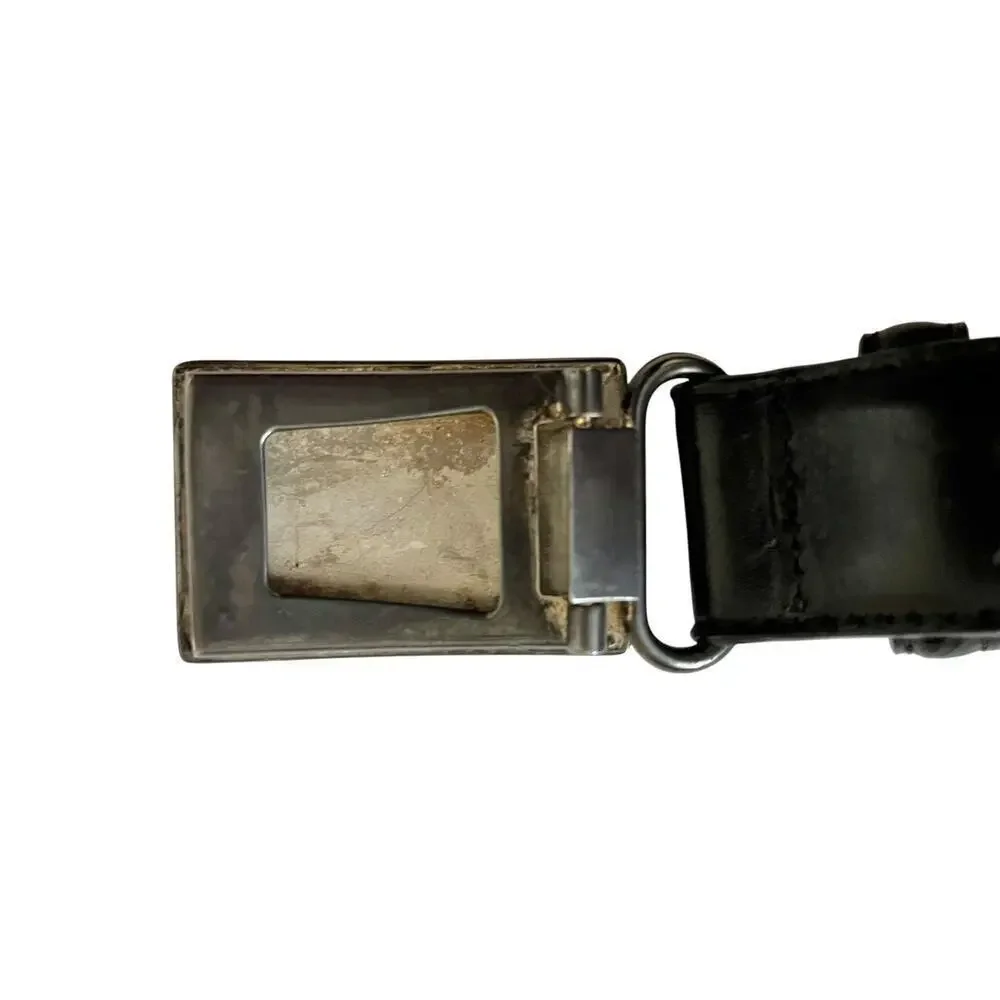 Ralph Lauren Art Deco Monogram Logo Buckle Black Leather Belt